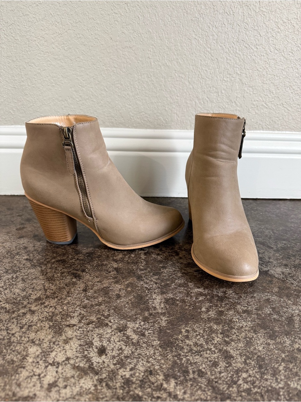 Reneeze Taupe Side-Zip Ankle Boots with Stacked Heel